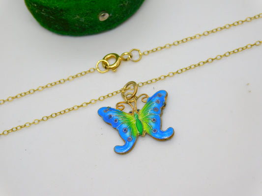 Sterling Silver Gilt Colourful Enamel Butterfly Drop Pendant Vintage c1970