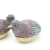 Pair of Chinese Sterling Silver Purple-Blue Enamel Quail Bird Trinket Boxes 1920