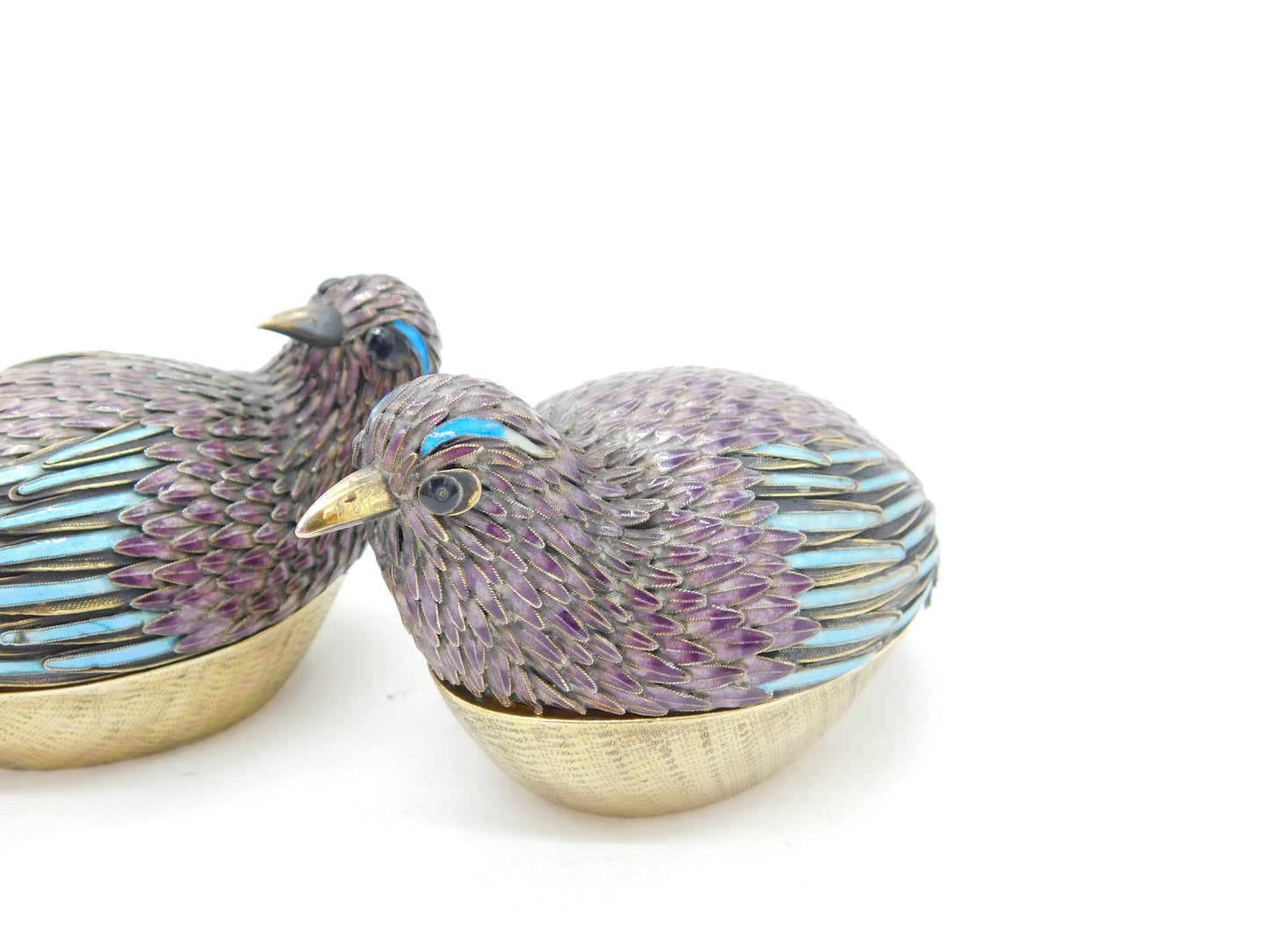 Pair of Chinese Sterling Silver Purple-Blue Enamel Quail Bird Trinket Boxes 1920