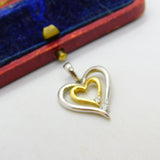 Double Heart Diamond Set Two Colour 18ct Gold Pendant Vintage c1980