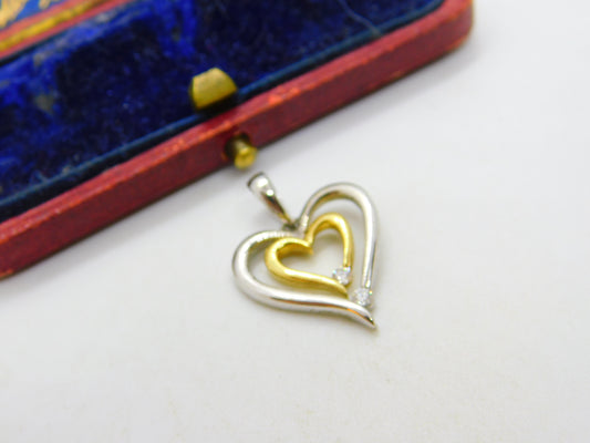 Double Heart Diamond Set Two Colour 18ct Gold Pendant Vintage c1980