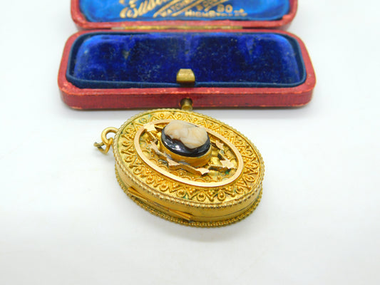 Victorian Pinchbeck Gold Ornate Hardstone Cameo Double Locket Antique c1890