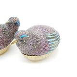 Pair of Chinese Sterling Silver Purple-Blue Enamel Quail Bird Trinket Boxes 1920