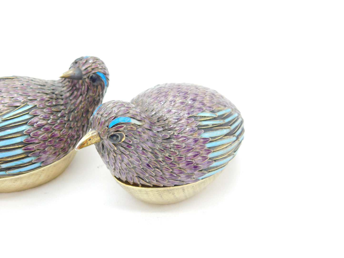 Pair of Chinese Sterling Silver Purple-Blue Enamel Quail Bird Trinket Boxes 1920