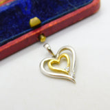 Double Heart Diamond Set Two Colour 18ct Gold Pendant Vintage c1980