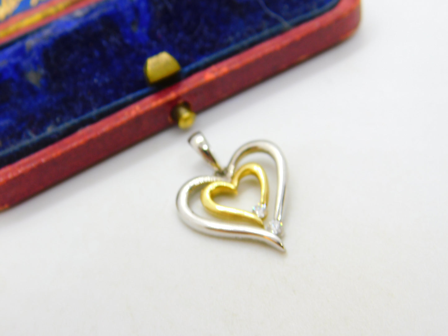 Double Heart Diamond Set Two Colour 18ct Gold Pendant Vintage c1980