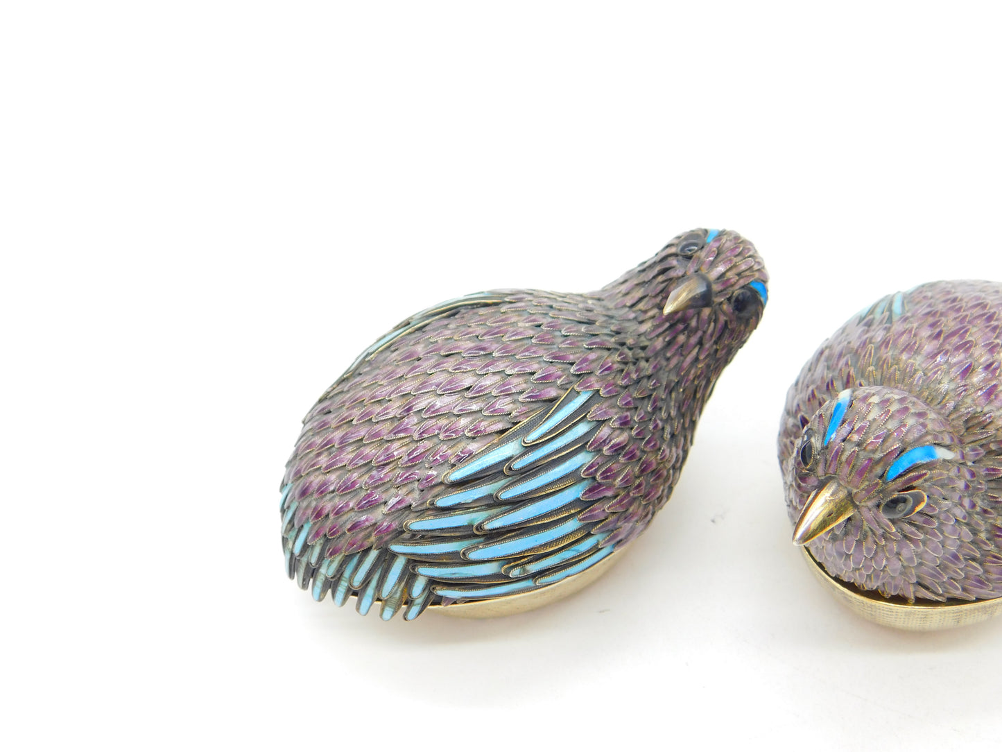 Pair of Chinese Sterling Silver Purple-Blue Enamel Quail Bird Trinket Boxes 1920