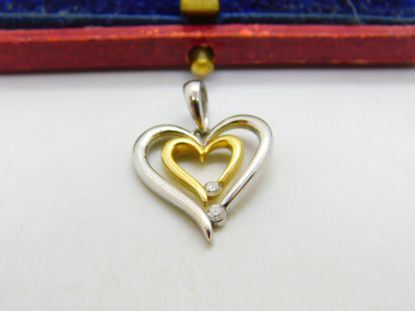 Double Heart Diamond Set Two Colour 18ct Gold Pendant Vintage c1980