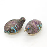 Pair of Chinese Sterling Silver Purple-Blue Enamel Quail Bird Trinket Boxes 1920