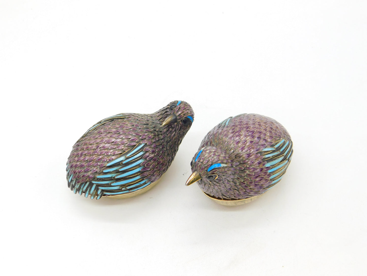 Pair of Chinese Sterling Silver Purple-Blue Enamel Quail Bird Trinket Boxes 1920