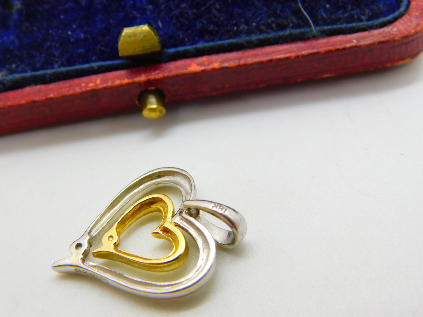 Double Heart Diamond Set Two Colour 18ct Gold Pendant Vintage c1980