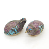 Pair of Chinese Sterling Silver Purple-Blue Enamel Quail Bird Trinket Boxes 1920