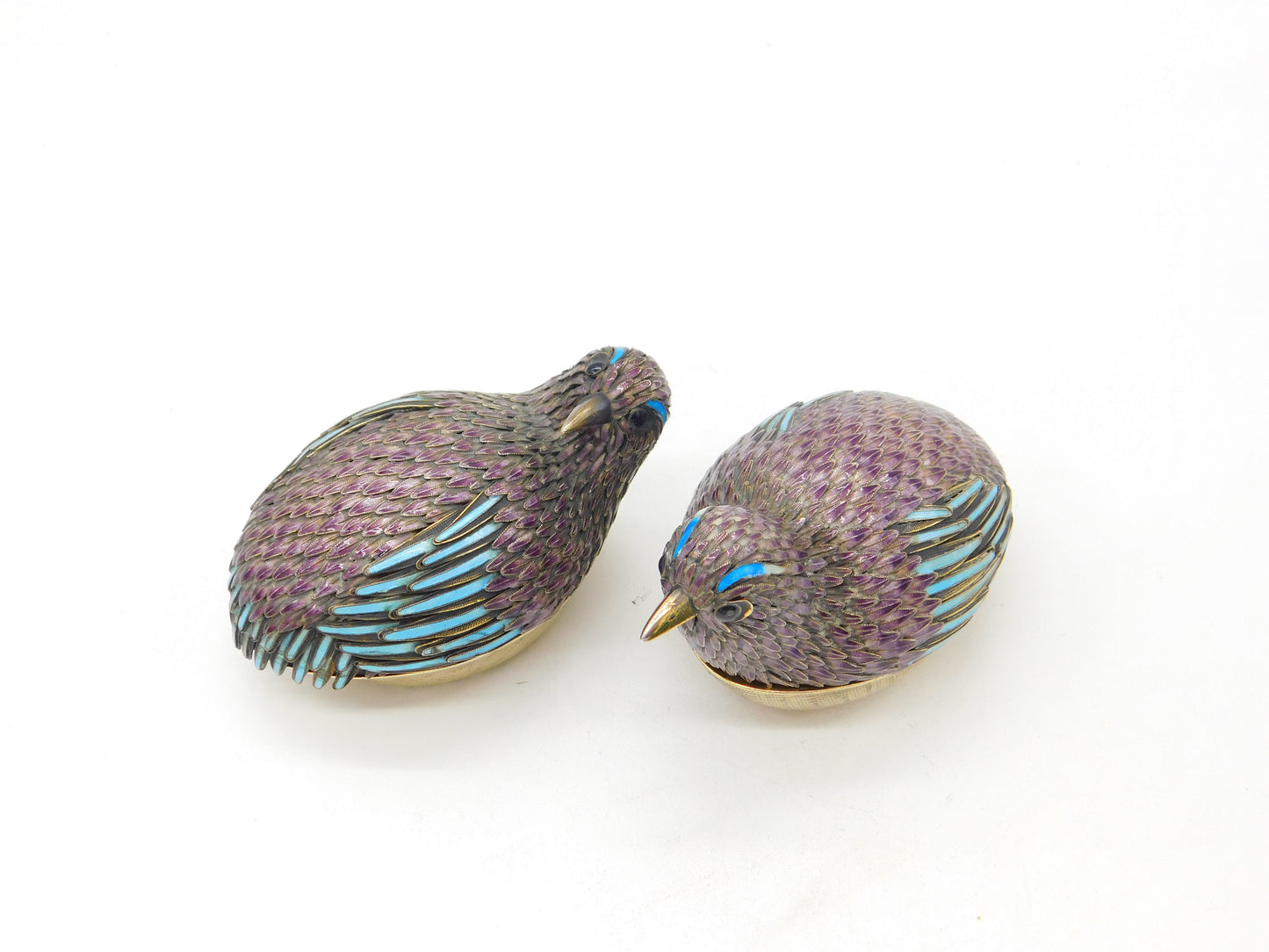 Pair of Chinese Sterling Silver Purple-Blue Enamel Quail Bird Trinket Boxes 1920