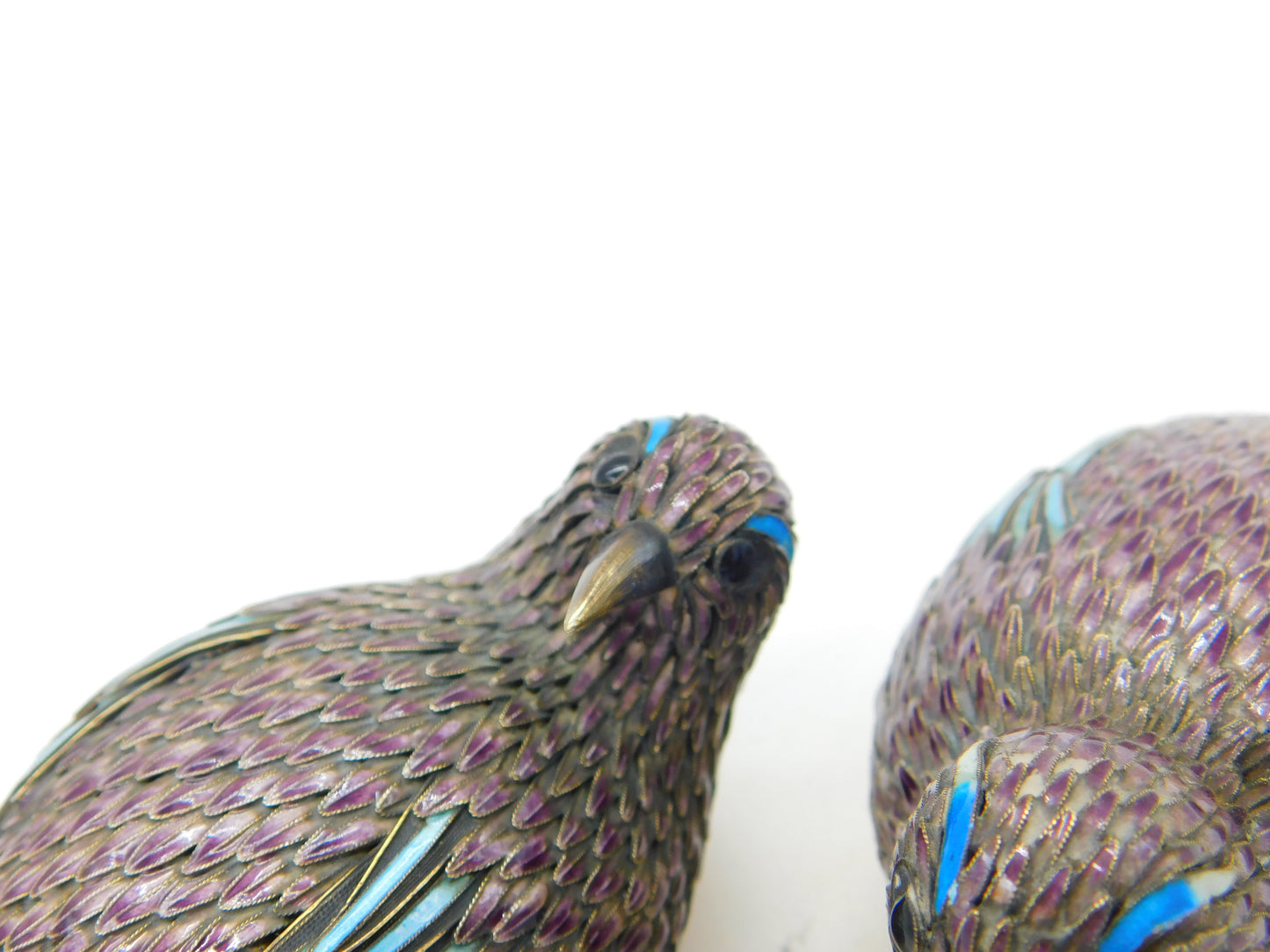 Pair of Chinese Sterling Silver Purple-Blue Enamel Quail Bird Trinket Boxes 1920