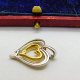 Double Heart Diamond Set Two Colour 18ct Gold Pendant Vintage c1980