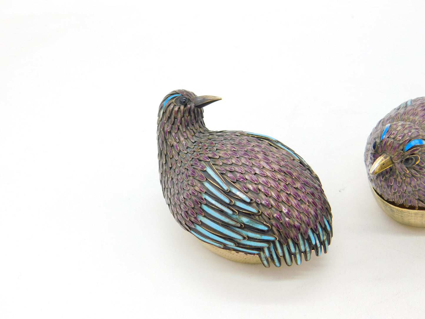 Pair of Chinese Sterling Silver Purple-Blue Enamel Quail Bird Trinket Boxes 1920