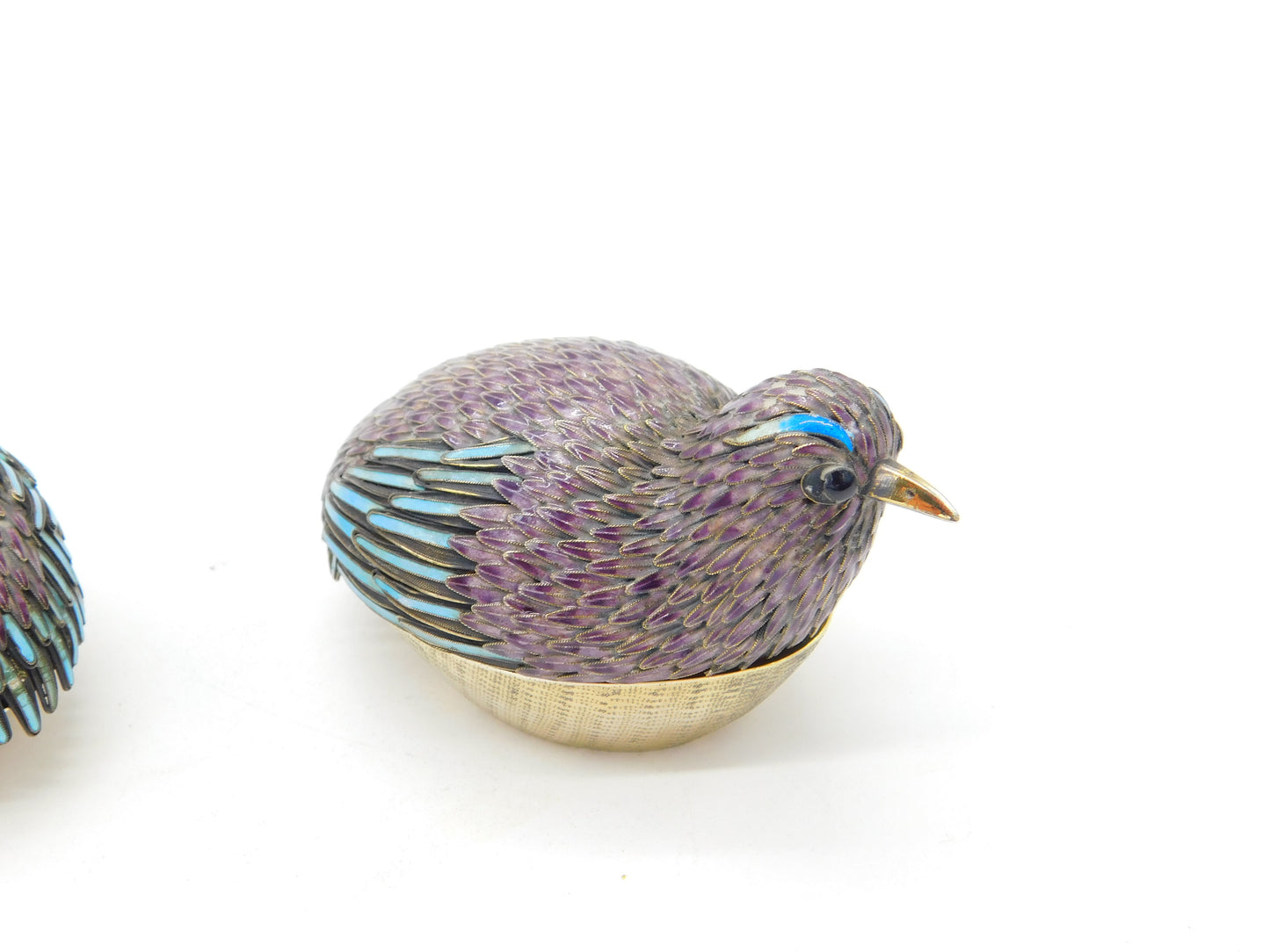 Pair of Chinese Sterling Silver Purple-Blue Enamel Quail Bird Trinket Boxes 1920