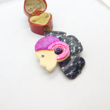 Lea Stein Paris Marked Ladies Face Brooch Pin Vintage c1960