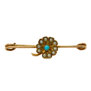 Murrle Bennett & Co 9ct Gold, Seed Pearl, Turquoise Floral Brooch Antique c1910