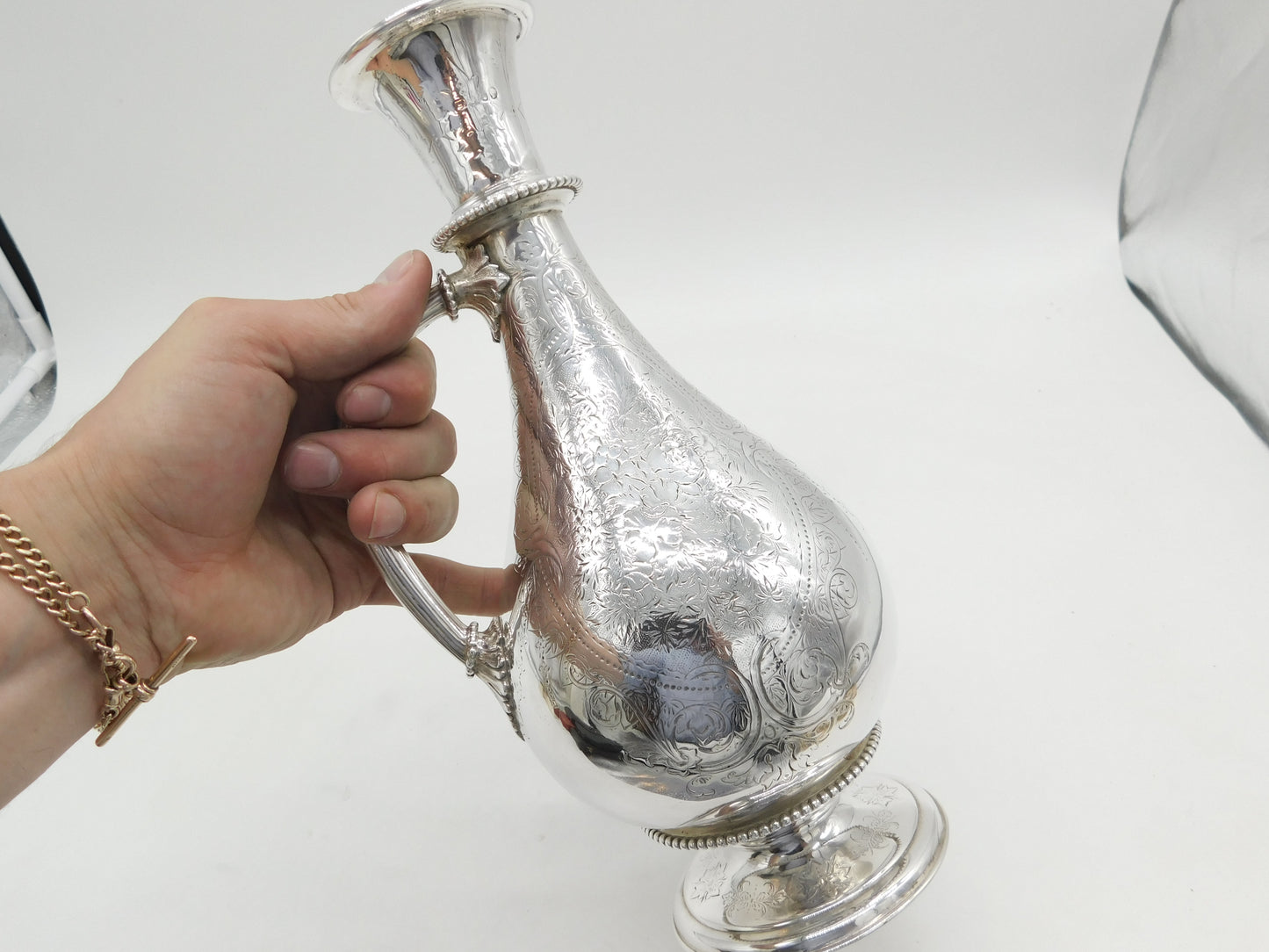 Victorian Large Sterling Silver Floral Decorated Wine Ewer Antique 1861 London