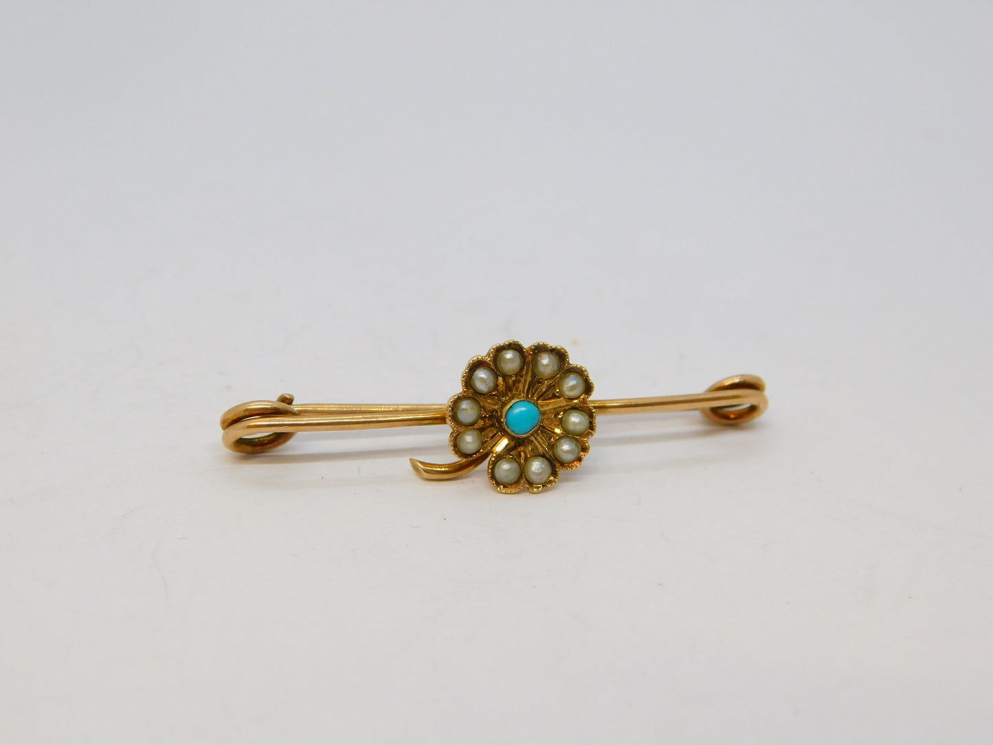 Murrle Bennett & Co 9ct Gold, Seed Pearl, Turquoise Floral Brooch Antique c1910