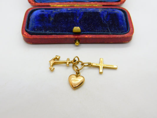 Faith Hope and Charity or Heart Cross Anchor 9ct Yellow Gold Charm Vintage 1990