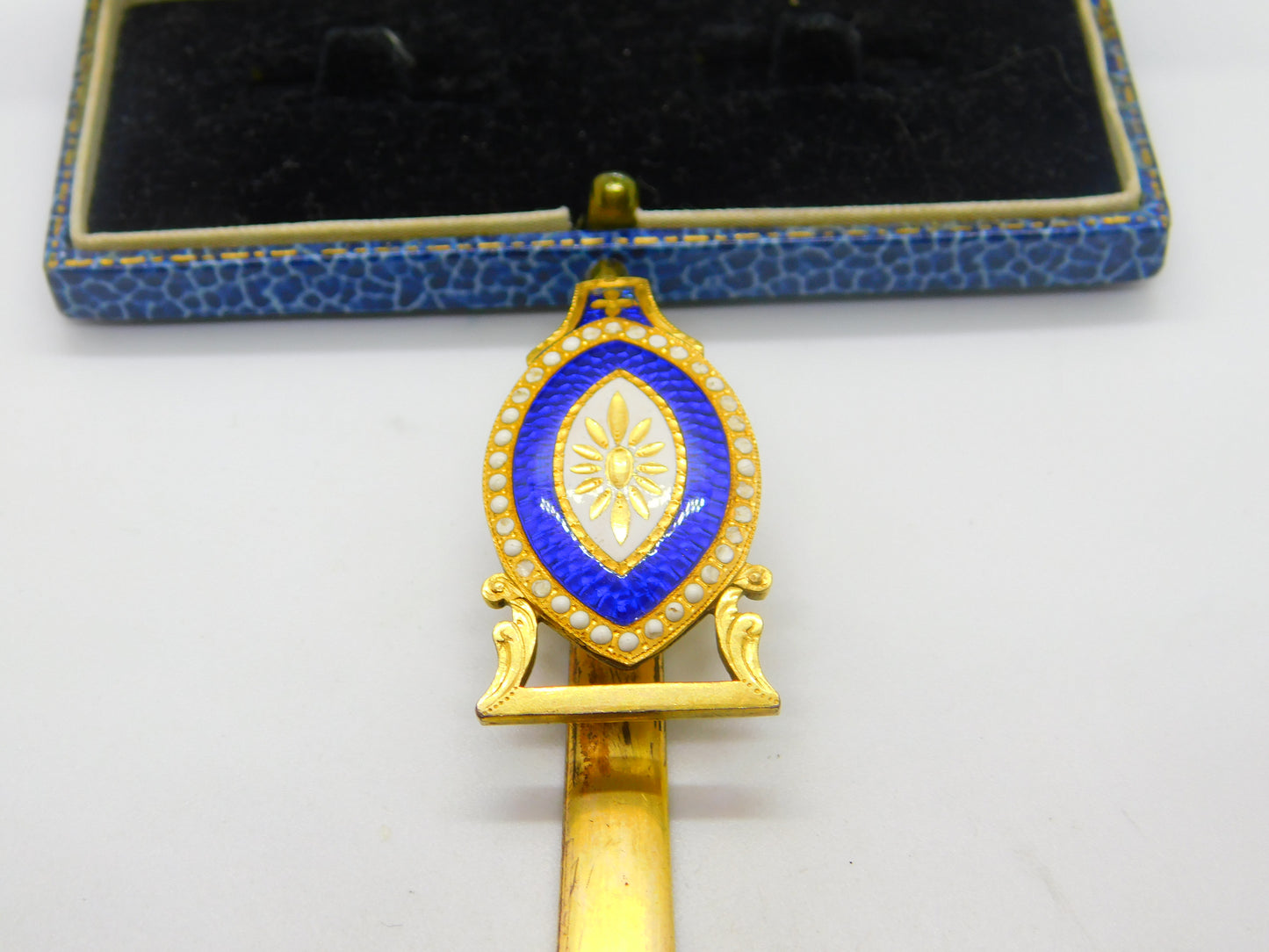 Early Victorian French Rolled Gold & Blue-White Enamel Sewing Chatelaine c1850