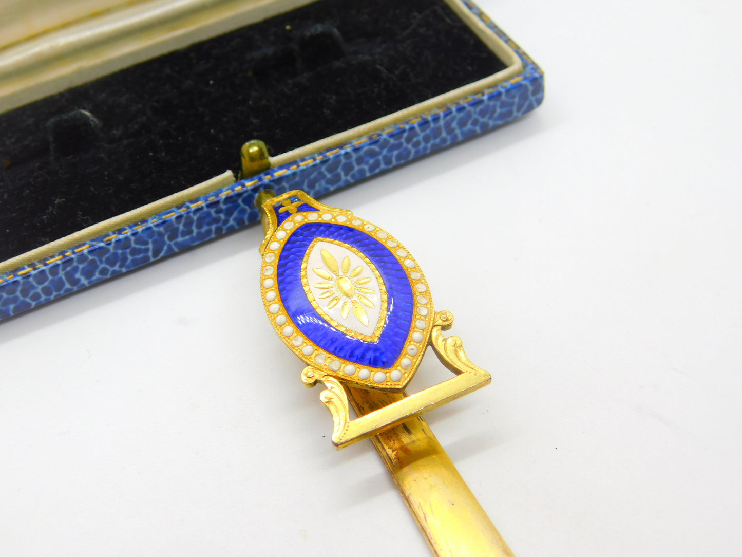 Early Victorian French Rolled Gold & Blue-White Enamel Sewing Chatelaine c1850