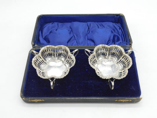 Boxed Sterling Silver Pierced Tyg Dishes Pair Thai Royal Crest Antique 1915