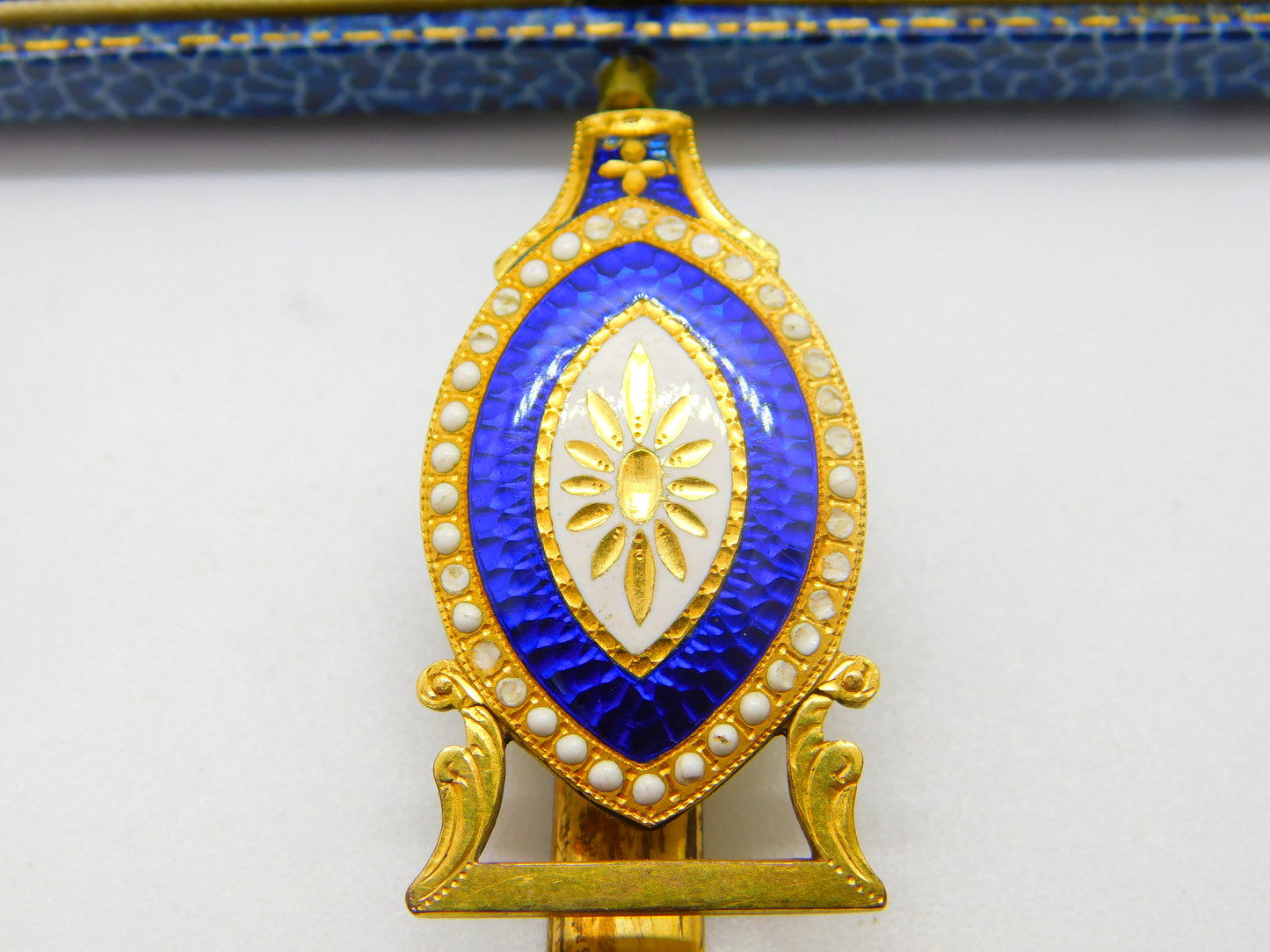 Early Victorian French Rolled Gold & Blue-White Enamel Sewing Chatelaine c1850