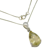 9ct White Gold, Diamond & Pear-Cut Citrine Drop Pendant Necklace Vintage