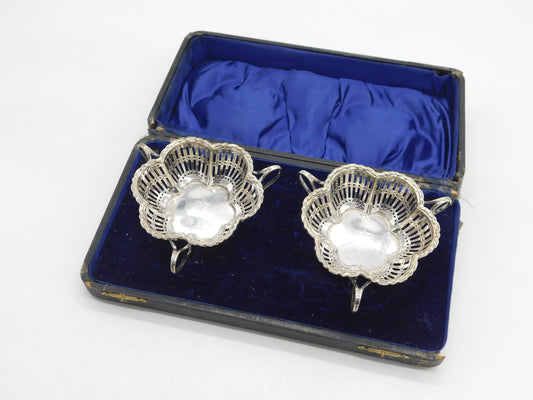 Boxed Sterling Silver Pierced Tyg Dishes Pair Thai Royal Crest Antique 1915