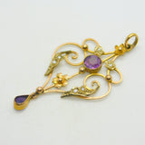 Edwardian 9ct Gold, Amethyst & Seed Pearl Lavalier Drop Pendant Antique c1910