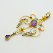 Edwardian 9ct Gold, Amethyst & Seed Pearl Lavalier Drop Pendant Antique c1910