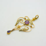 Edwardian 9ct Gold, Amethyst & Seed Pearl Lavalier Drop Pendant Antique c1910