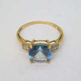 9ct Yellow Gold, Blue Topaz & Diamond Set Dress Ring Vintage c1990 London