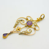 Edwardian 9ct Gold, Amethyst & Seed Pearl Lavalier Drop Pendant Antique c1910