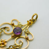 Edwardian 9ct Gold, Amethyst & Seed Pearl Lavalier Drop Pendant Antique c1910
