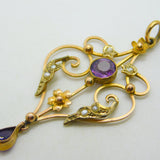 Edwardian 9ct Gold, Amethyst & Seed Pearl Lavalier Drop Pendant Antique c1910