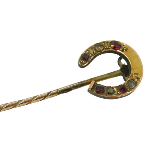 Victorian 15ct Yellow Gold, Diamond & Ruby Horseshoe Stick Pin Antique c1880
