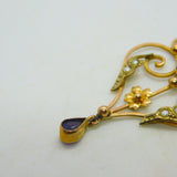 Edwardian 9ct Gold, Amethyst & Seed Pearl Lavalier Drop Pendant Antique c1910
