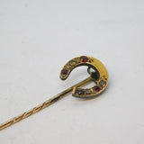 Victorian 15ct Yellow Gold, Diamond & Ruby Horseshoe Stick Pin Antique c1880