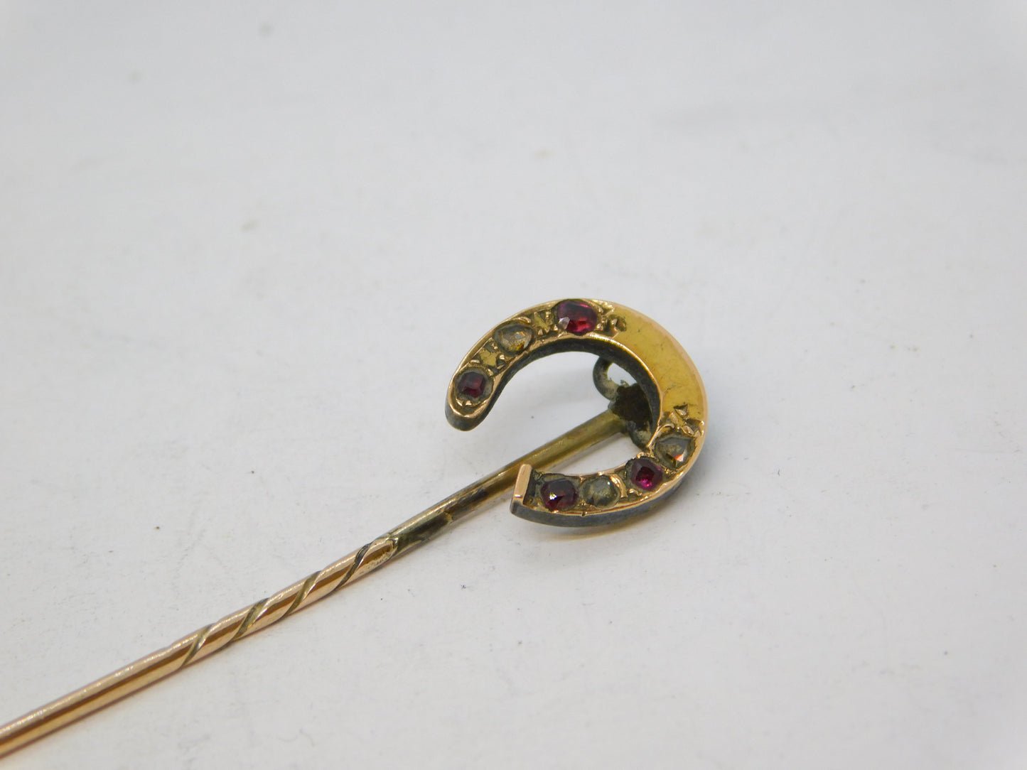 Victorian 15ct Yellow Gold, Diamond & Ruby Horseshoe Stick Pin Antique c1880