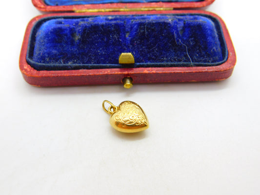 Engraved Puffy Heart 9ct Yellow Gold Charm or Pendant Vintage c1970