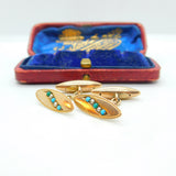 Victorian 9ct Gold, Turquoise & Pearl Set Dress Cufflinks Antique c1860