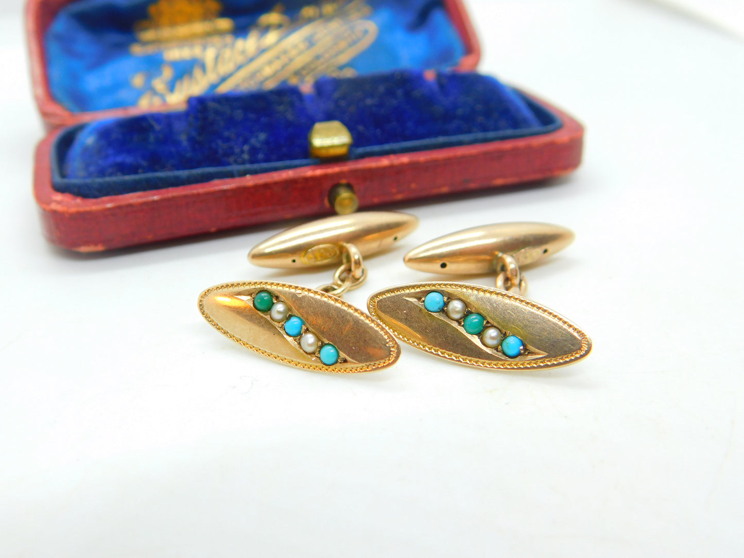 Victorian 9ct Gold, Turquoise & Pearl Set Dress Cufflinks Antique c1860