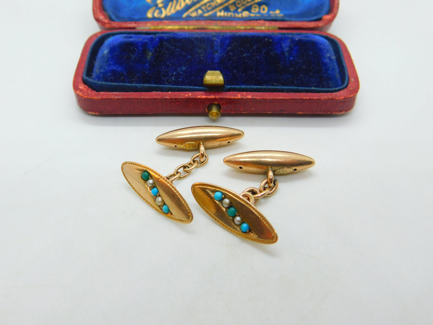 Victorian 9ct Gold, Turquoise & Pearl Set Dress Cufflinks Antique c1860