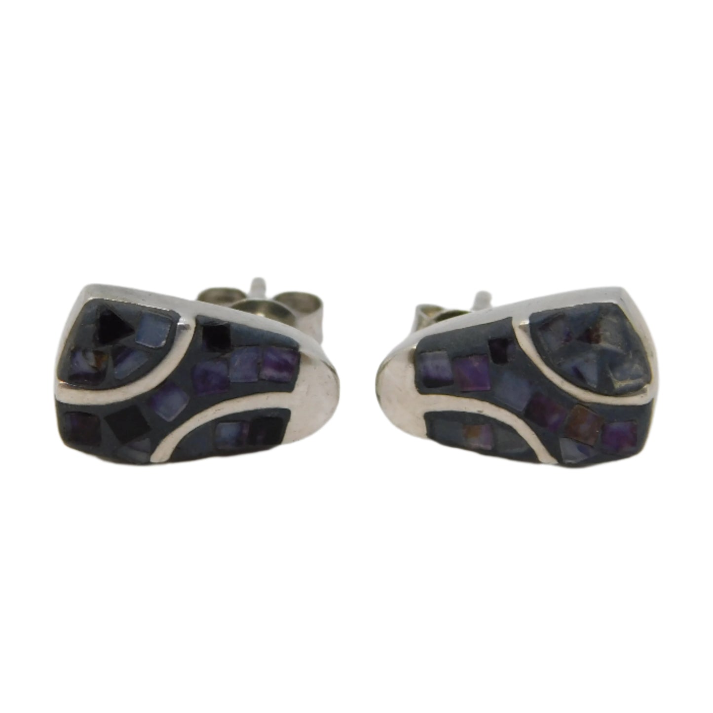 Sterling Silver Modernist Derbyshire Blue John Stud Earrings Vintage c1970