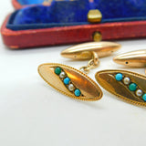 Victorian 9ct Gold, Turquoise & Pearl Set Dress Cufflinks Antique c1860