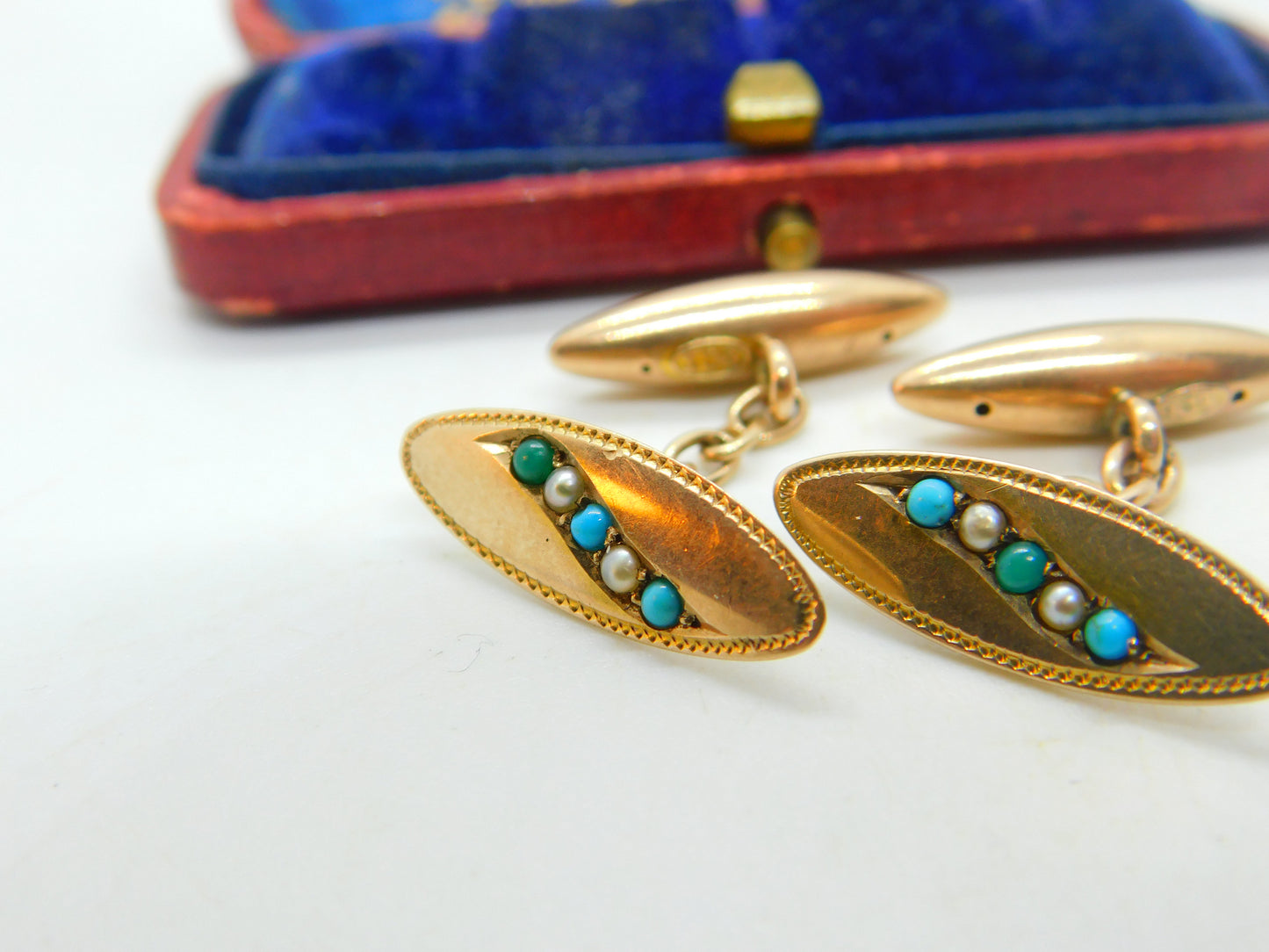 Victorian 9ct Gold, Turquoise & Pearl Set Dress Cufflinks Antique c1860